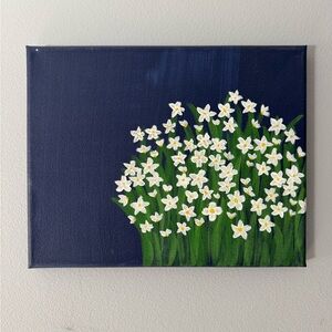 8x10in Hand-painted White Daisies Navy Blue Canvas Painting